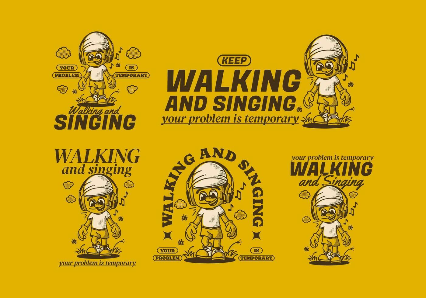 Walking and singing. Vintage illustration of a walking boy wearing headset vector