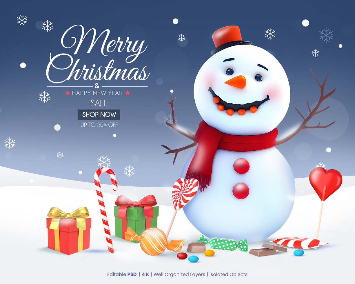 alegre Natal venda modelo com 3d Renderização boneco de neve com Natal elementos psd
