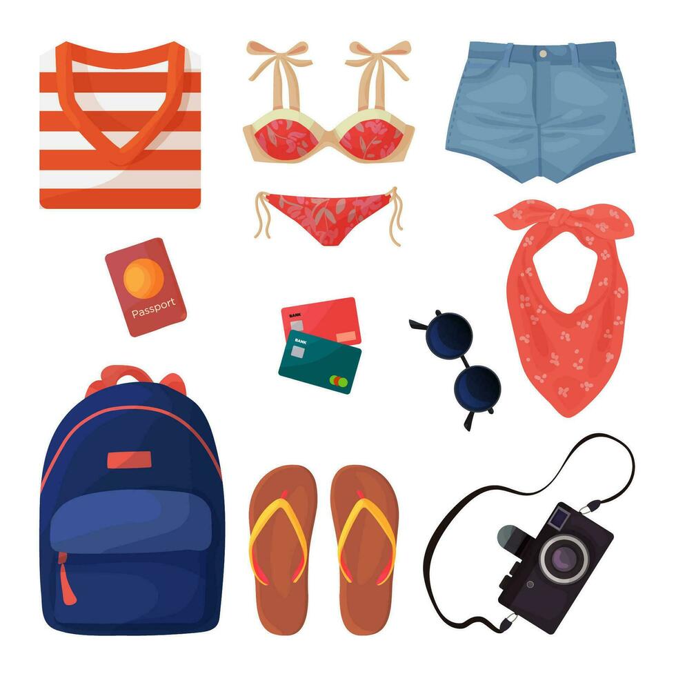 vector ilustración con colección de cosas en un mochila para un vacaciones en dibujos animados estilo. De las mujeres ropa y baños traje, lentes y un cámara, zapatos, viaje documentos crédito tarjetas y pasaporte