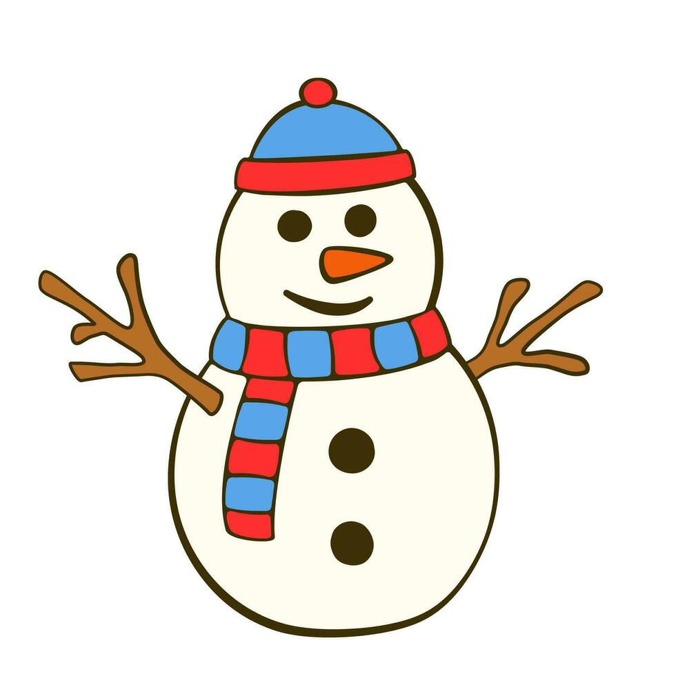 Snowman in hat. Cartoon. Vector illustration