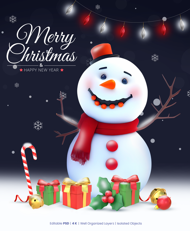vrolijk Kerstmis poster sjabloon met 3d renderen sneeuwman met Kerstmis elementen psd