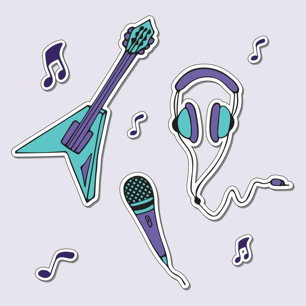 Set of stickers of musical instruments - guitar, headphones, microphone. vector