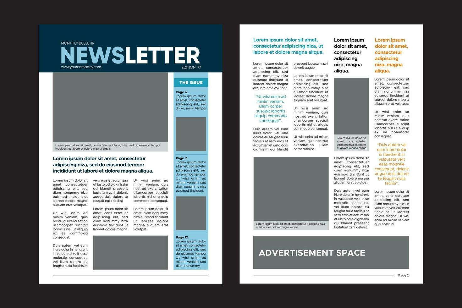 Monthly bulletin newsletter. Editorial layout. Multipurpose template with cover, back and inside pages. vector