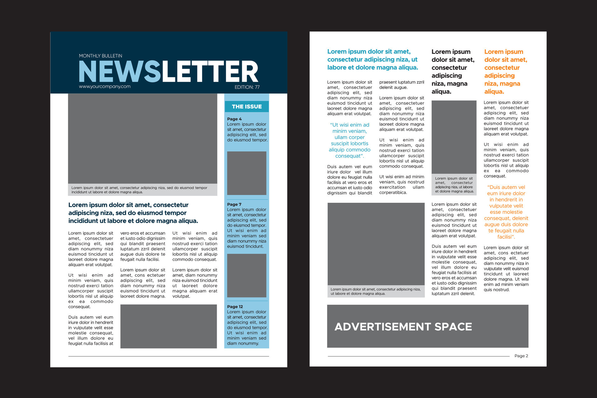 Monthly bulletin newsletter. Editorial layout. Multipurpose template