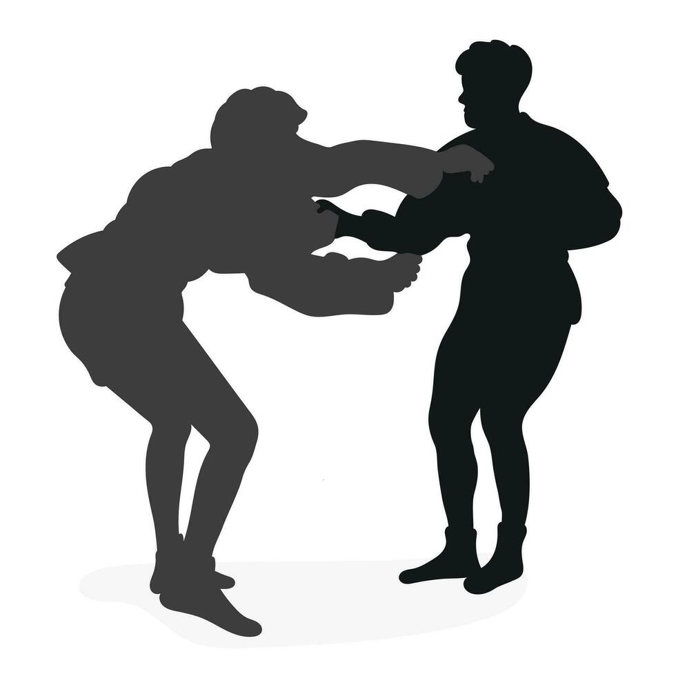 Image of silhouettes sambo athletes in sambo wrestling, combat sambo, duel, fight, fistfight, struggle, tussle, brawl, jiu jitsu. Martial art, sportsmanship vector