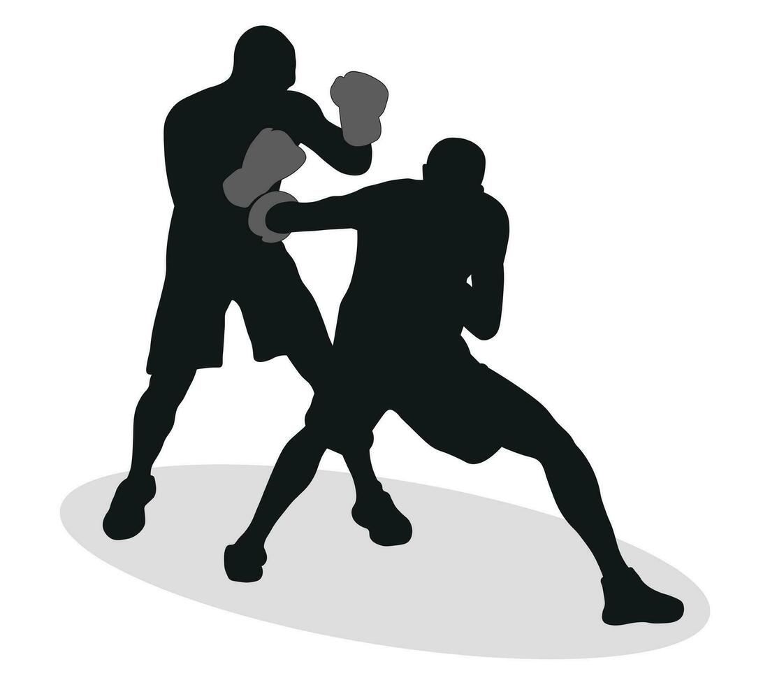 Image of silhouettes of boxing athletes, MMA fighters. Boxing, bout, fighting, infighting, outfighting, pugilism, duel, ring craft, mixed martial arts, mma, sportsmanship vector