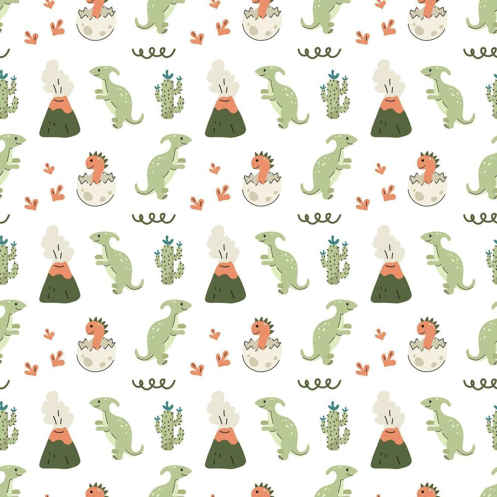 Seamless pattern with cute dinosaurs and tropical plants on white background. Childrens colorful print on fabric, textile, wallpaper,postcards. Vector