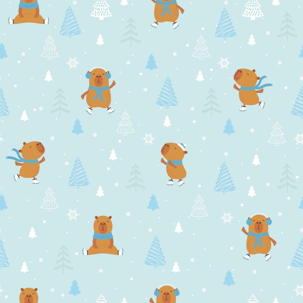 Christmas seamless pattern with cute capybara on winter skates, snowflakes and christmas tree vector