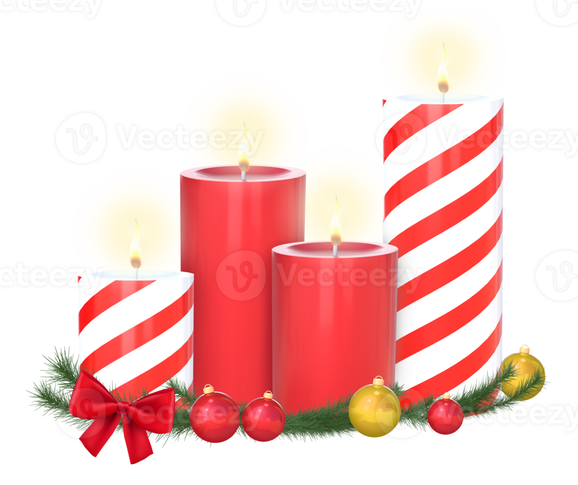 3D Rendering Christmas Candles With Red Bow And Christmas Mistletoe png