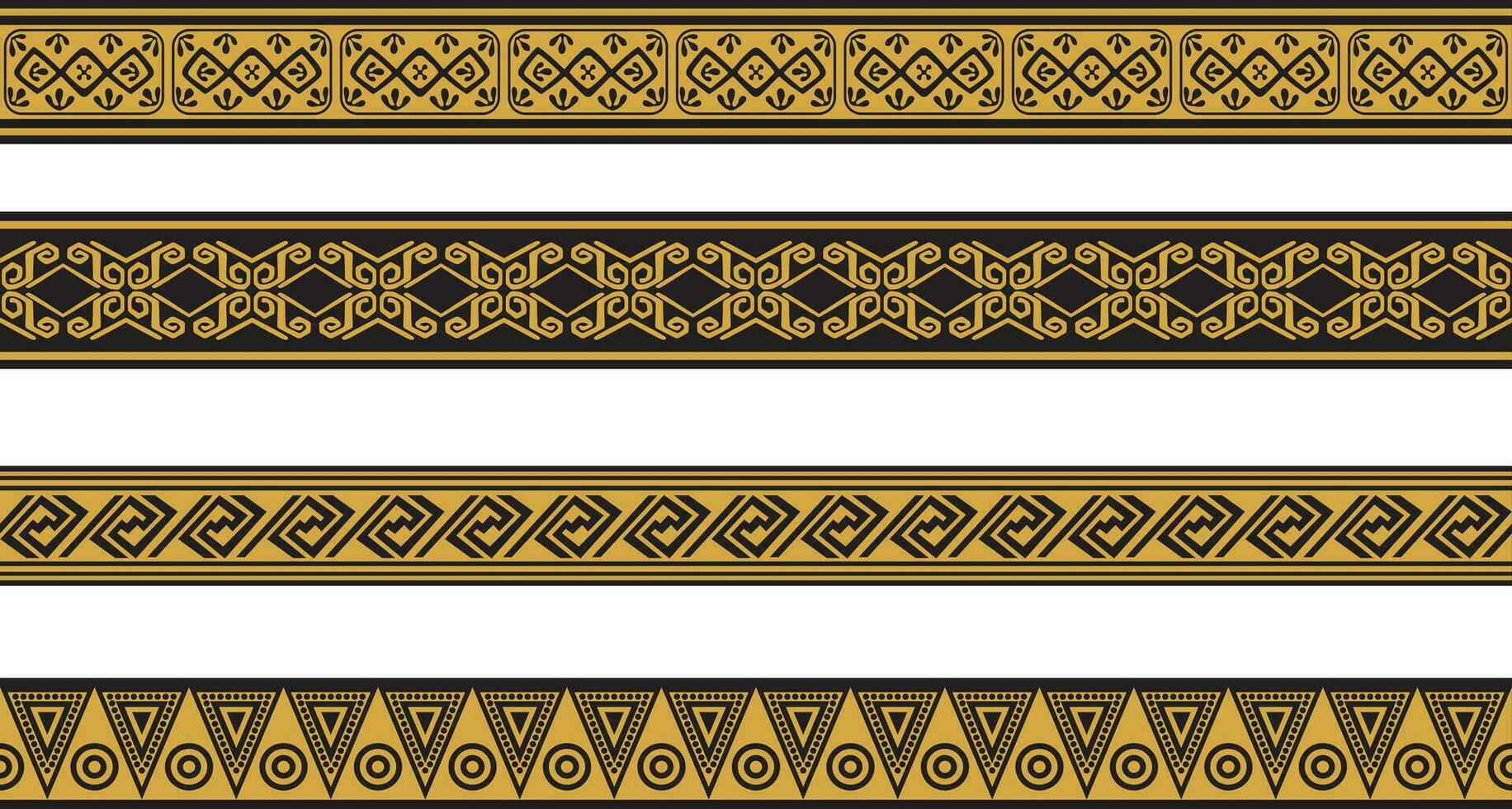 Vector set of gold and black native american ornamental seamless borders. Framework of the peoples of America, Aztecs, Maya, Incas