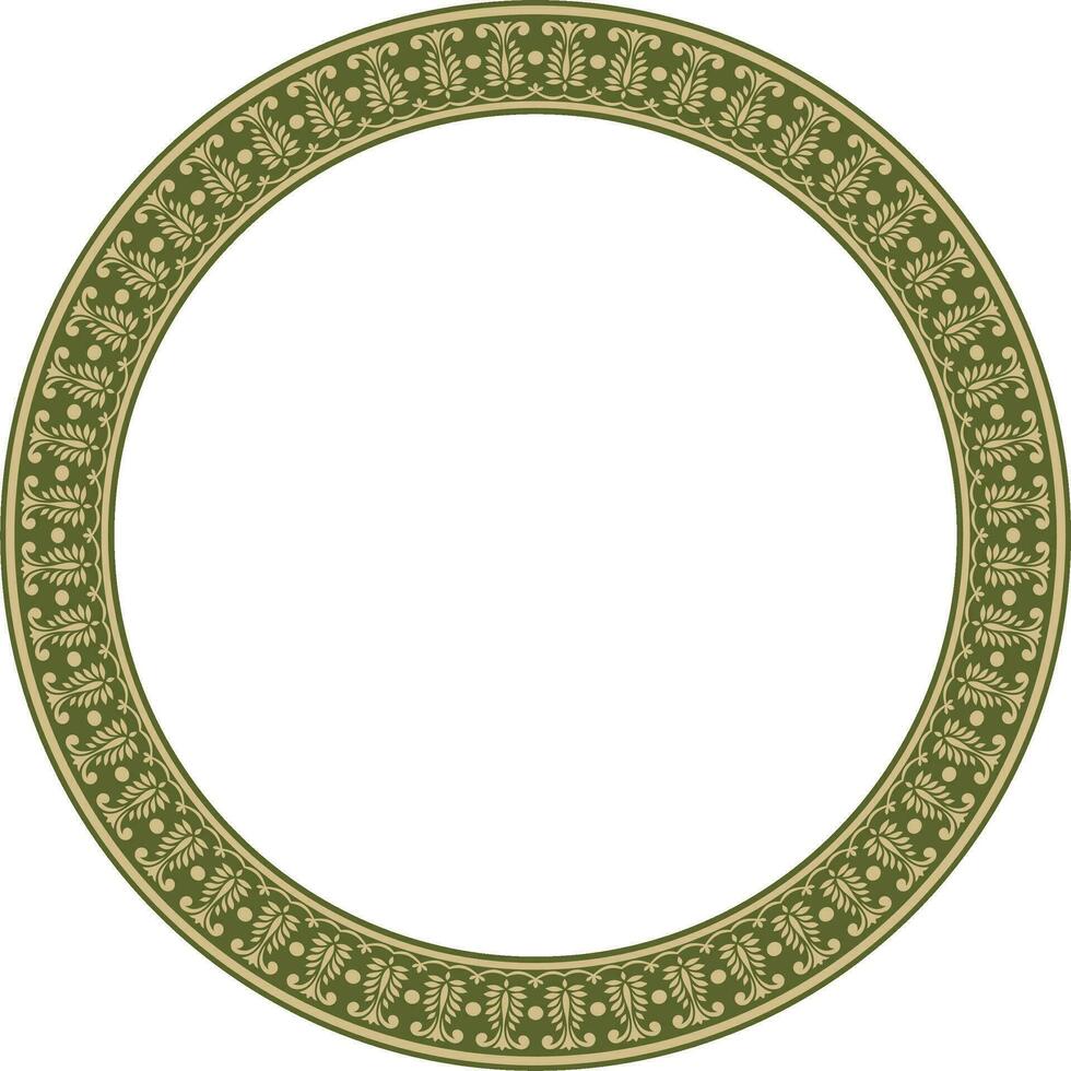 Vector round gold and green Indian national ornament. Ethnic plant circle, border. Frame, flower ring. Poppies and leaves