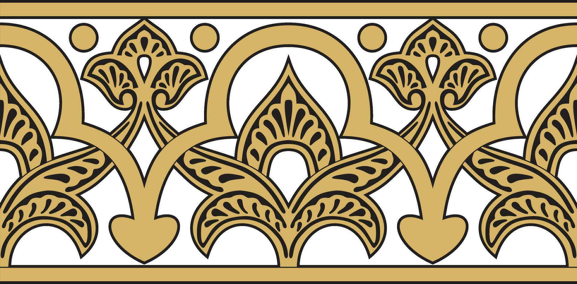 Vector golden seamless oriental national ornament. Endless ethnic floral border, arab peoples frame. Persian painting