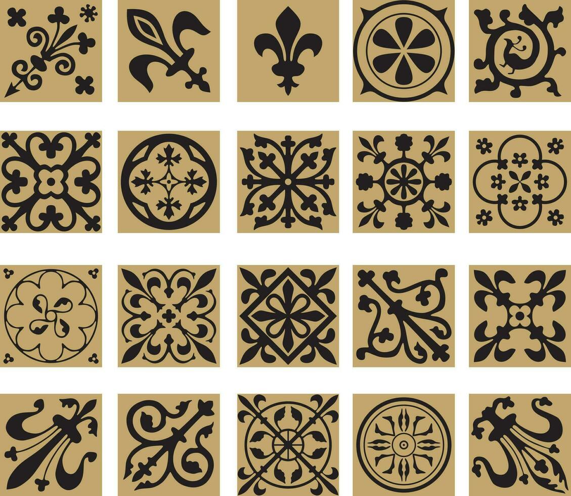Vector gold and black set of ancient Roman ornament elements. Classic European parts of patterns. Lilies and crowns