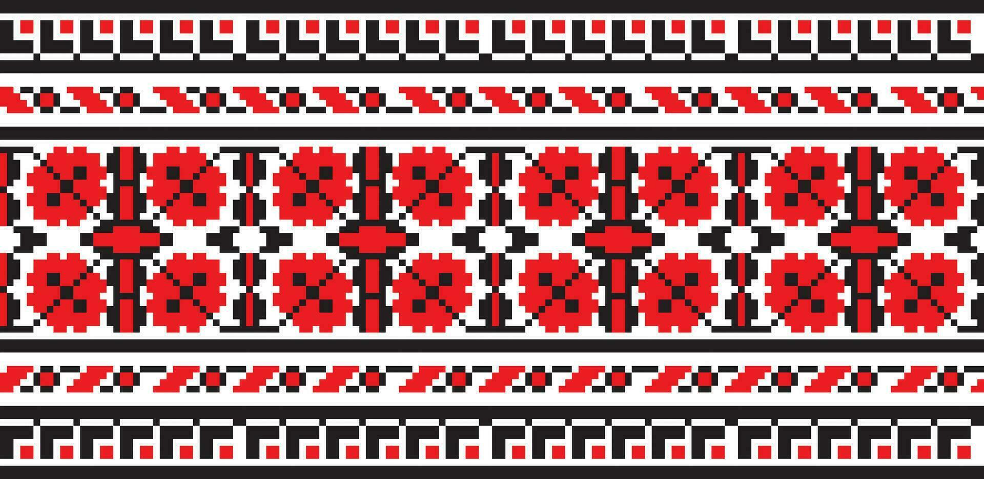 Vector colored seamless Ukrainian national ornament, embroidery. Endless ethnic floral border, Slavic peoples frame. Red cross stitch.