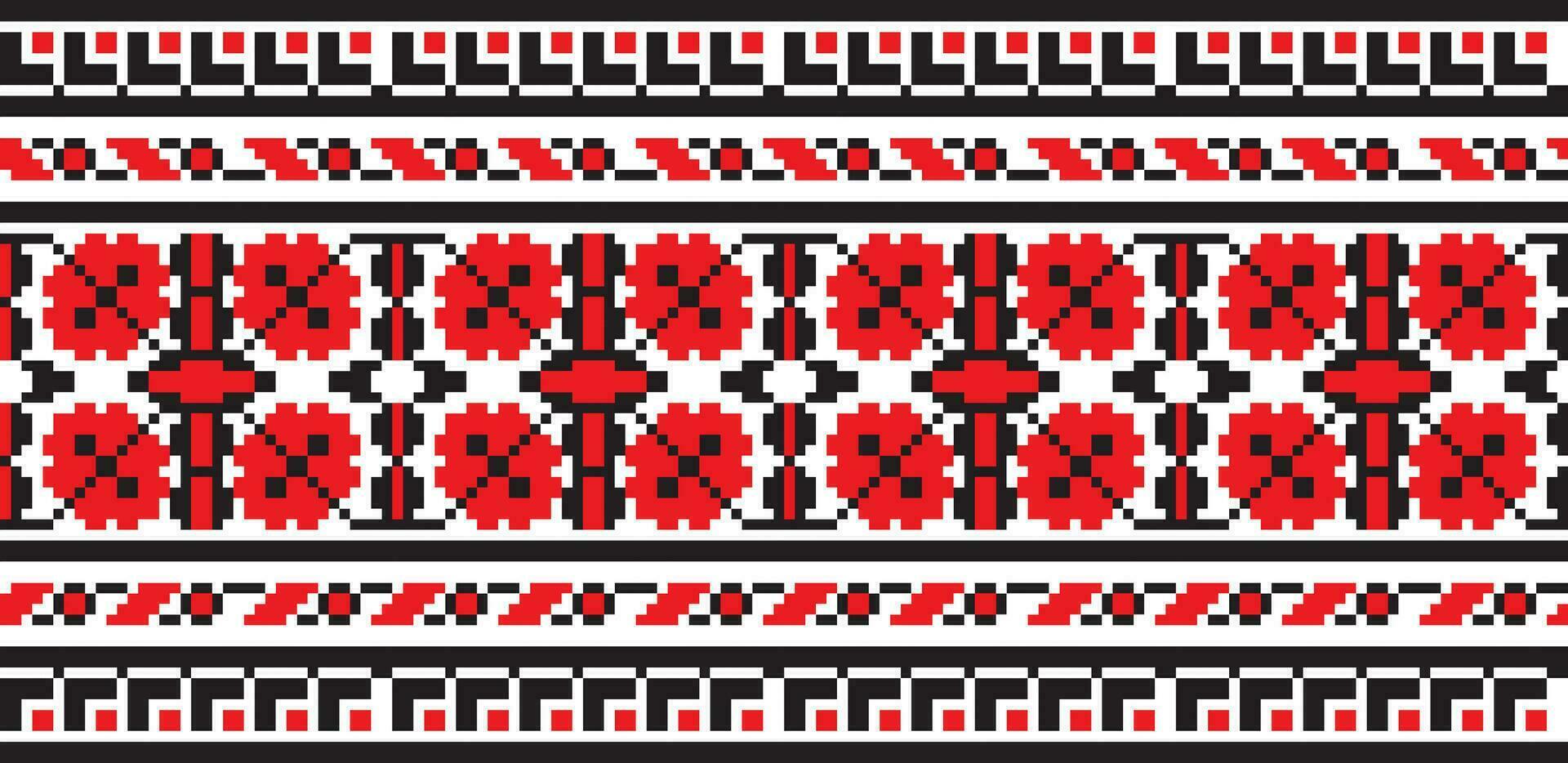 Vector colored seamless Ukrainian national ornament, embroidery. Endless ethnic floral border, Slavic peoples frame. Red cross stitch.