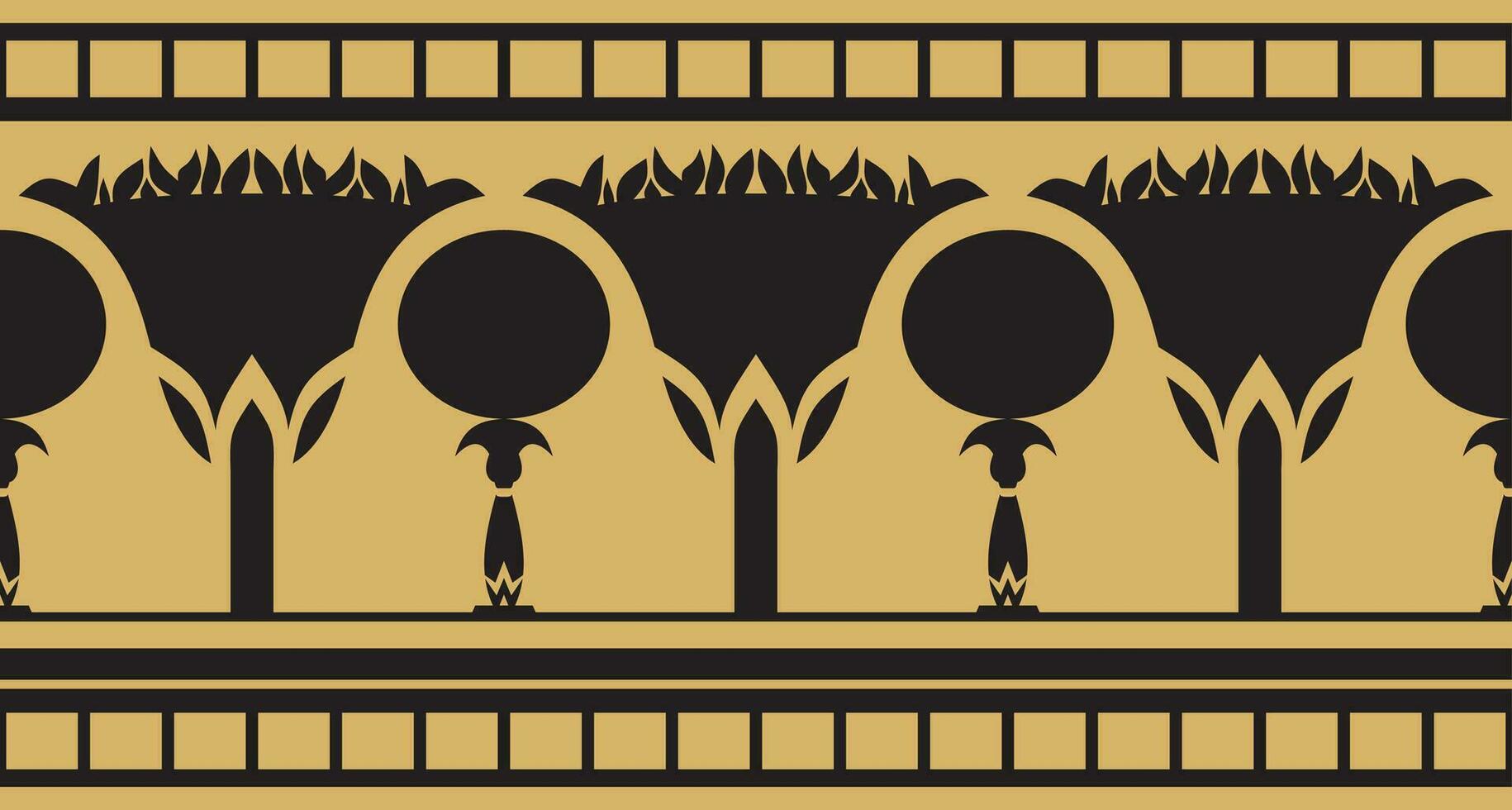 Vector golden seamless Egyptian border. Endless ornament of Ancient Africa. Pattern of lotus flowers and sun