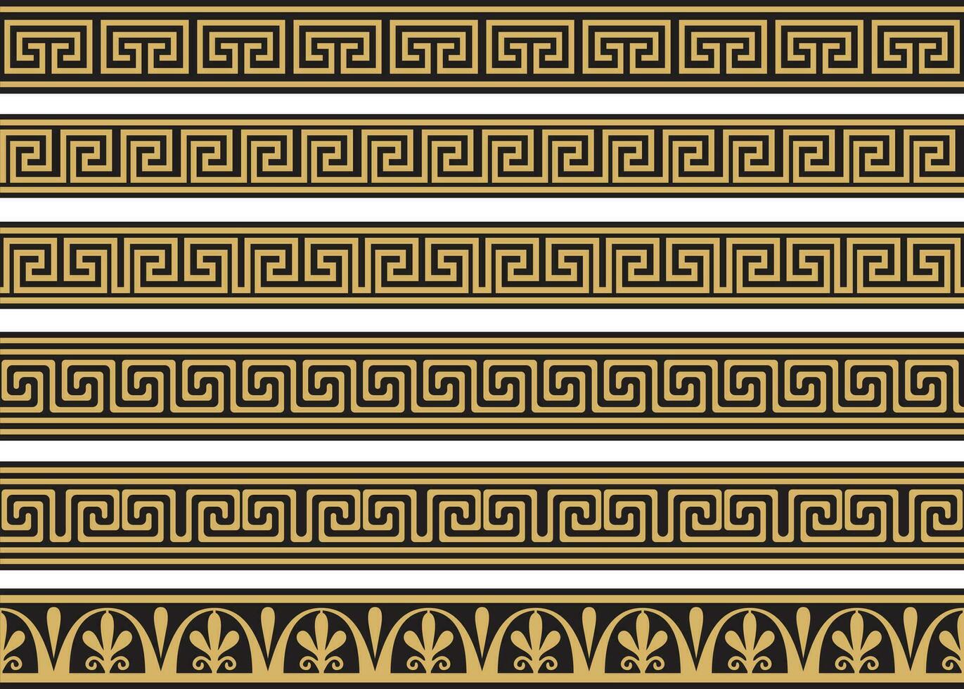 Set of vector seamless greek classic ornament. Pattern for a border and a frame. Ancient Greece and the Roman Empire. Endless golden with black meander
