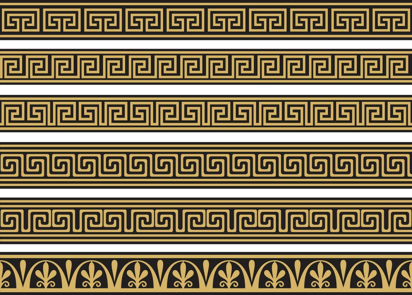 conjunto de vector sin costura griego clásico ornamento. modelo para un frontera y un marco. antiguo Grecia y el romano imperio. interminable dorado con negro meandro