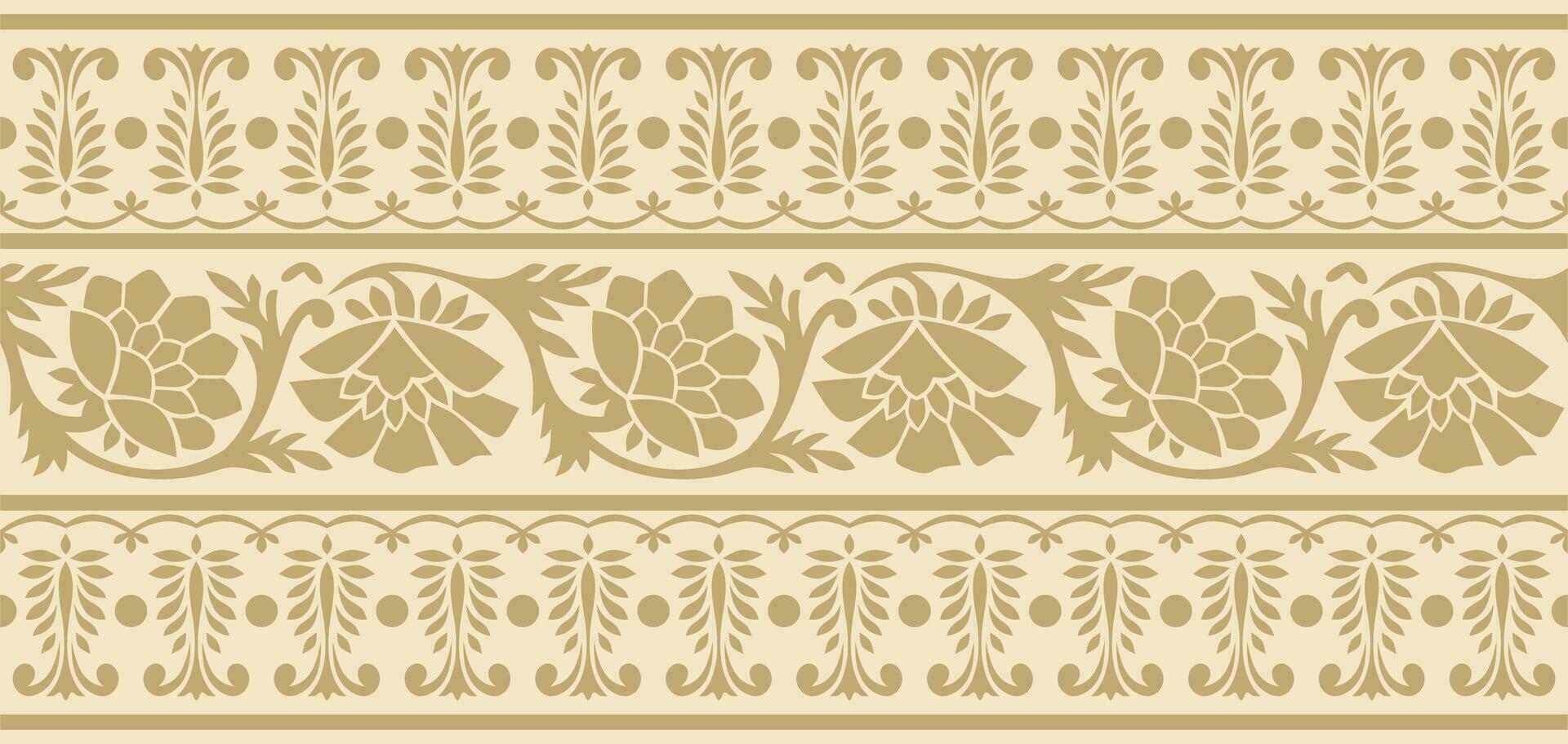 Vector seamless gold indian national ornament. Ethnic endless plant border. Flowers frame. Poppies and leaves