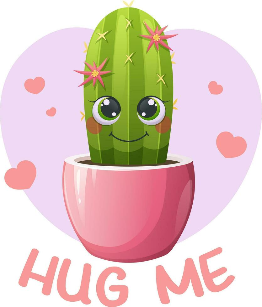 Cute cartoon cactus with big eyes in flower pot and hearts, test Hug me. Greeting card for lovers, friends, on Valentine's Day vector