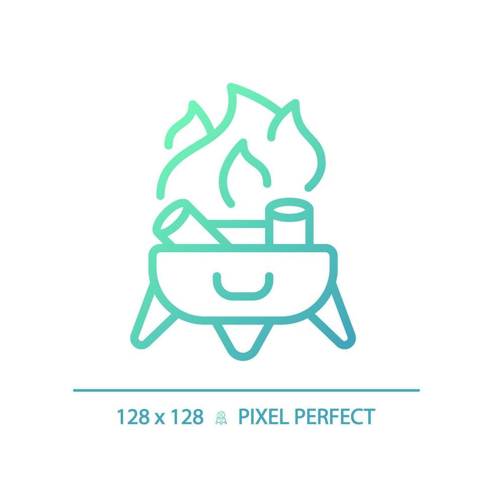 2D pixel perfect gradient campfire icon, isolated vector, green hiking gear thin line illustration. vector