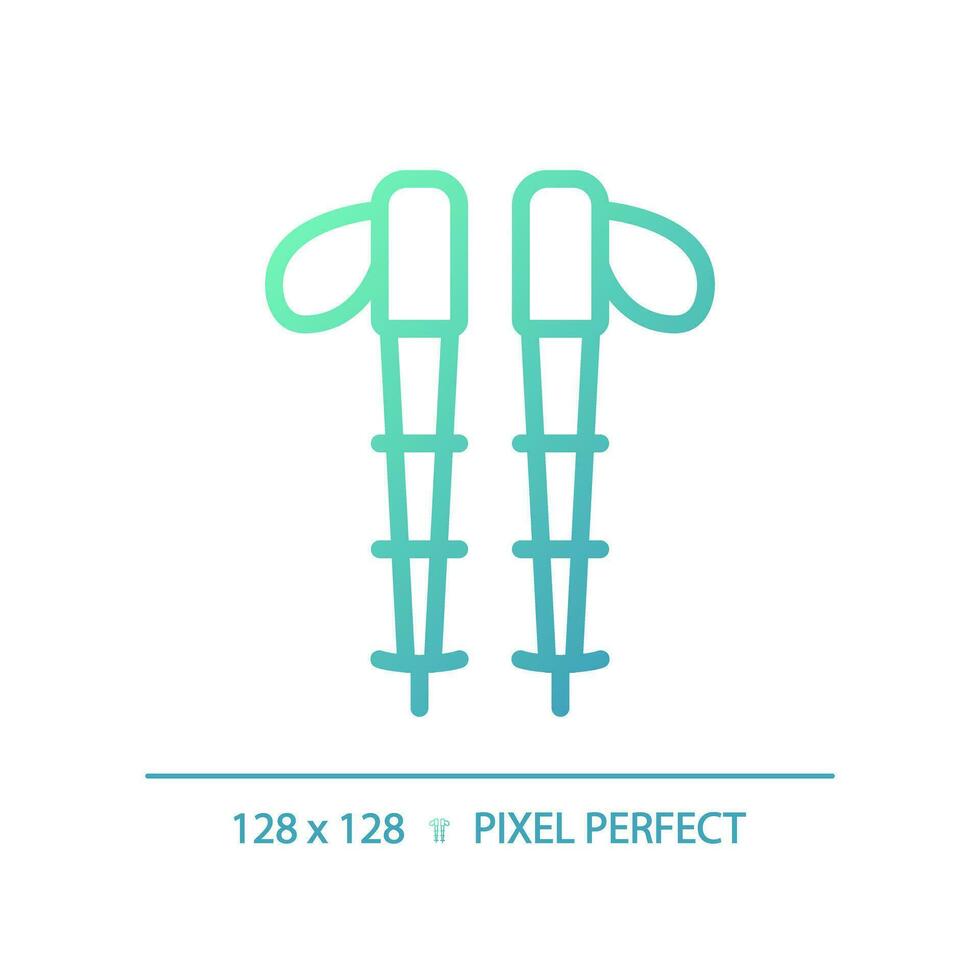 2D pixel perfect gradient hiking poles icon, isolated vector, green hiking gear thin line illustration. vector