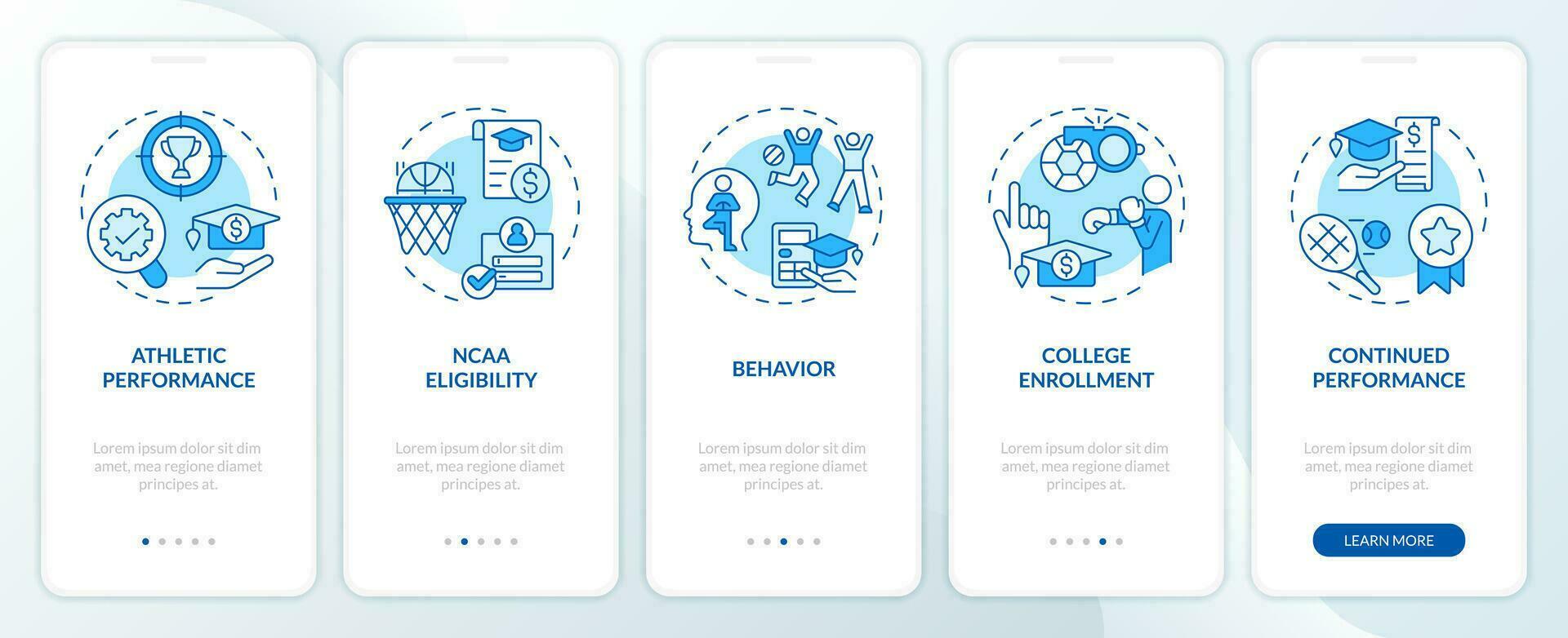 2D icons representing athletic scholarship mobile app screen set. Walkthrough 5 steps blue graphic instructions with linear icons concept, UI, UX, GUI template. vector
