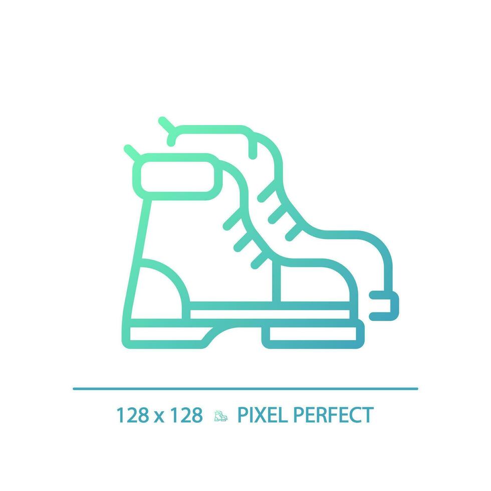 2D pixel perfect gradient hiking boot icon, isolated vector, green hiking gear thin line illustration. vector