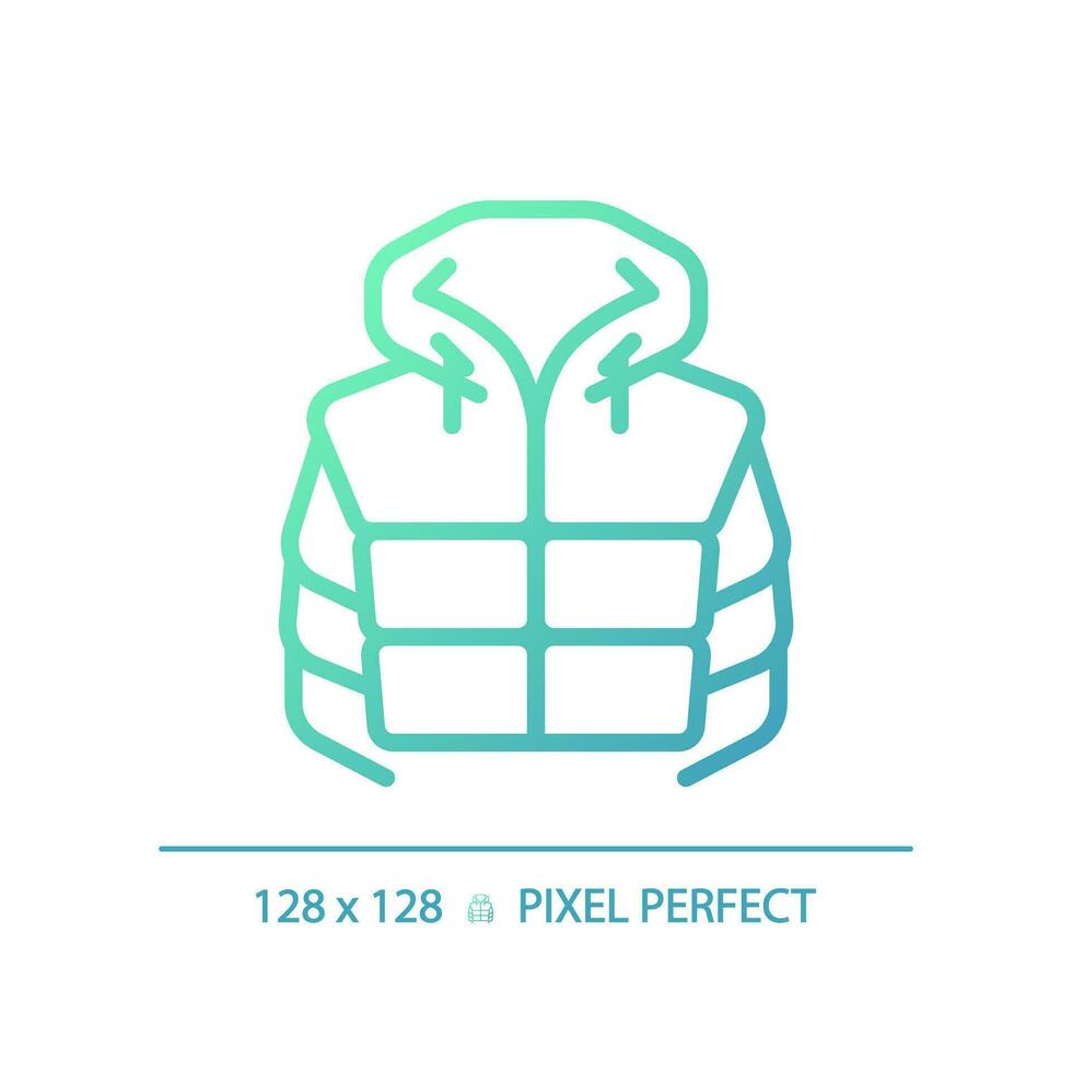 2D pixel perfect gradient padded jacket icon, isolated vector, green hiking gear thin line illustration. vector