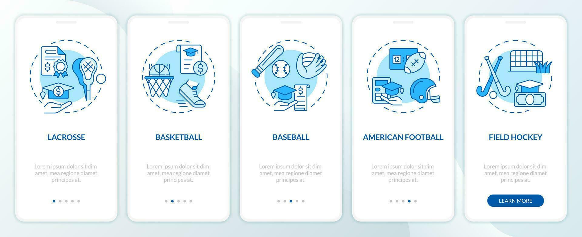 2D icons representing athletic scholarship mobile app screen set. Walkthrough 5 steps blue graphic instructions with thin linear icons concept, UI, UX, GUI template. vector