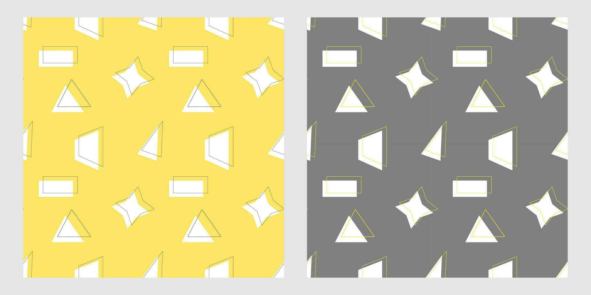 Geometric patterns with simple figures of triangle, trapezoid, rectangle, and their contours, on yellow and gray background. vector