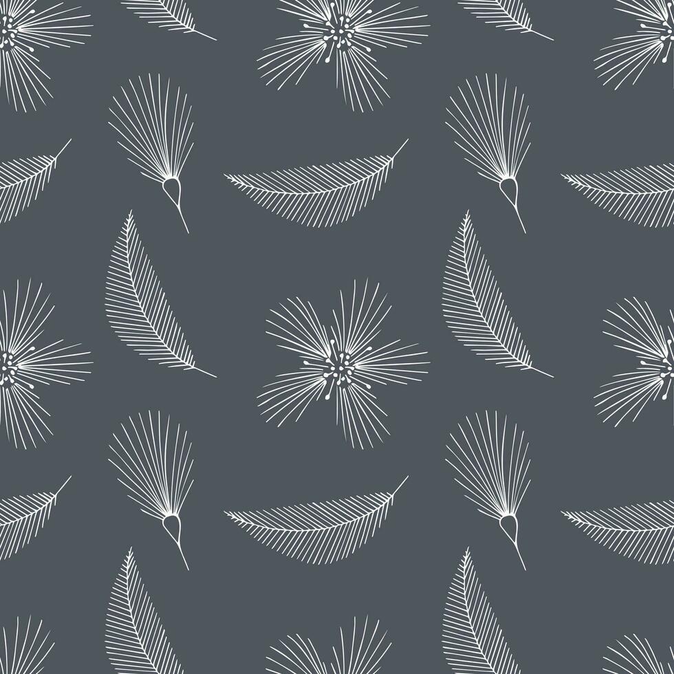 Doodle white flowers and leaves pattern seamless on dark gray background, elegant universal backdrop, packaging, cover, covering. vector