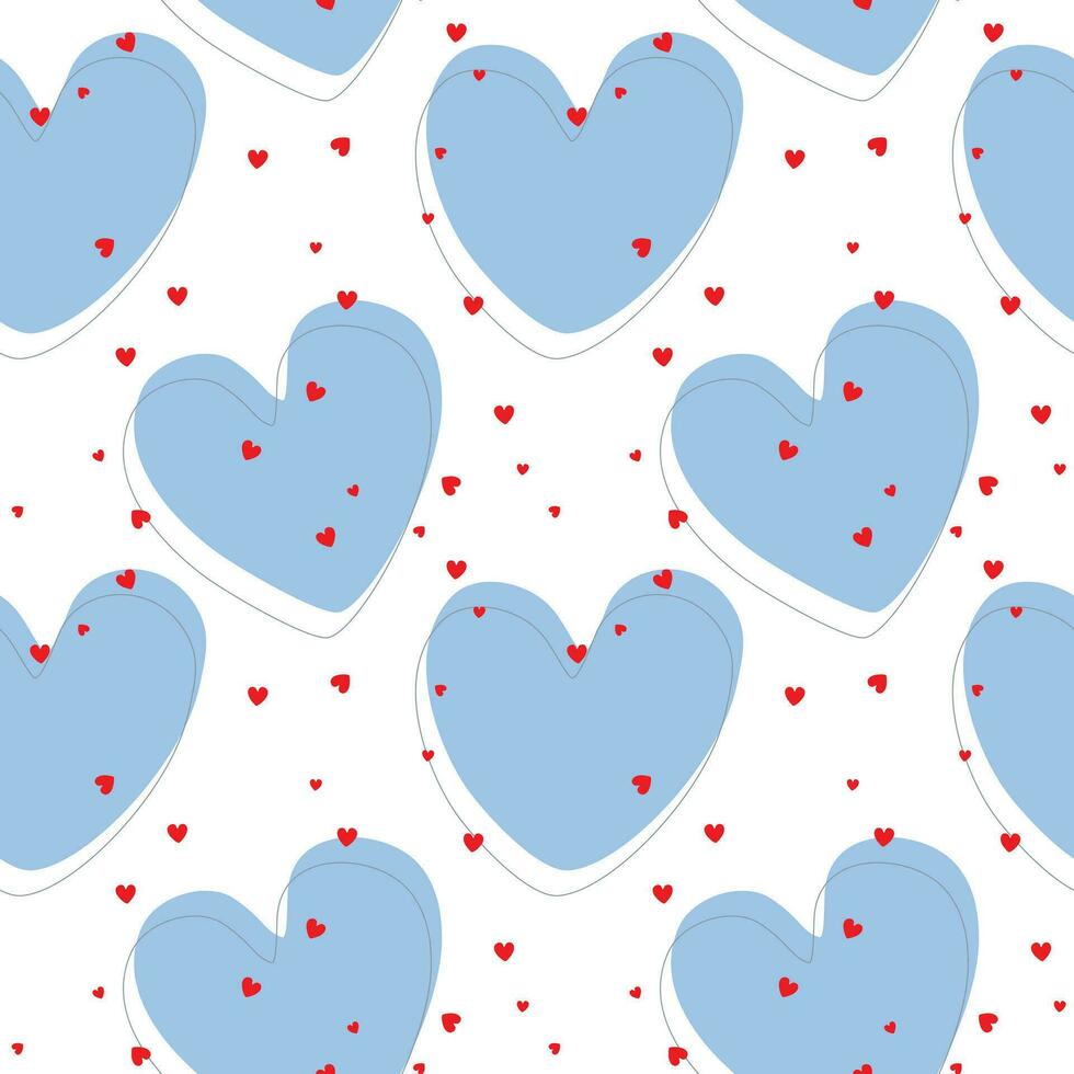 Pattern of blue hearts with small red hearts, for Valentines Day, wedding, love reciprocity, packaging, wallpaper, cover, white background. vector