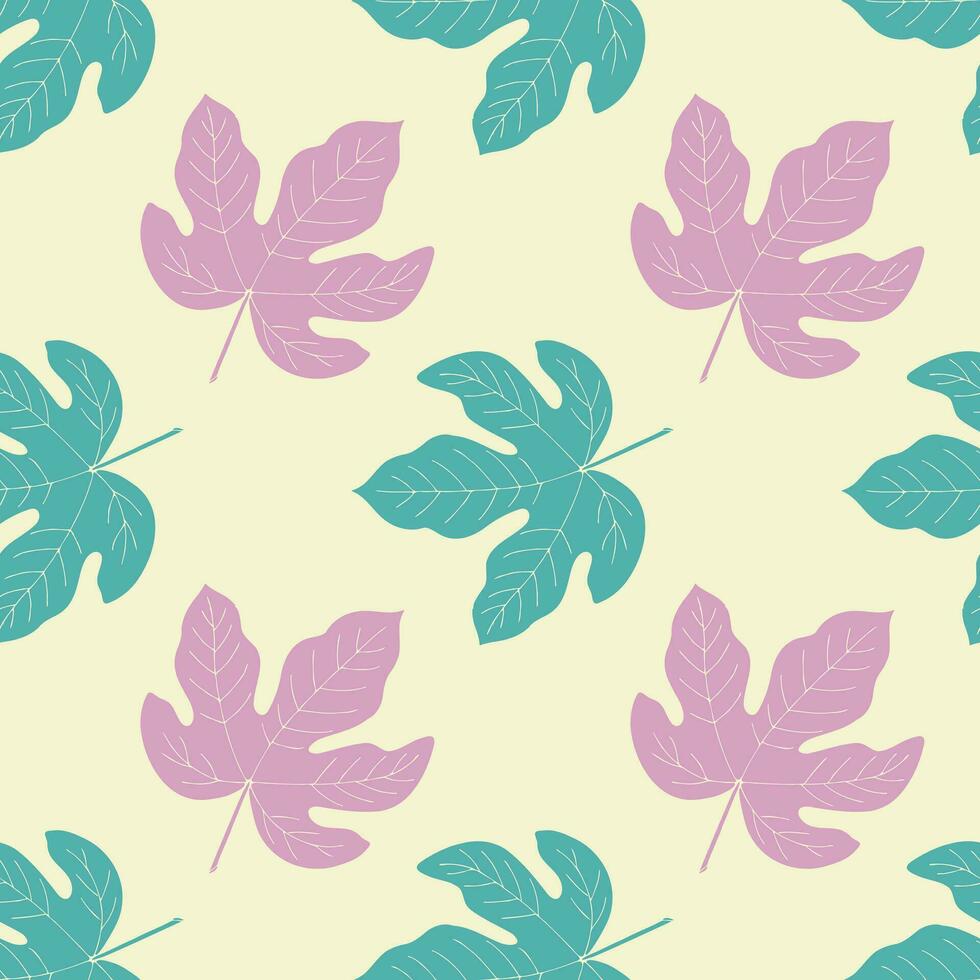 Figs pattern with hand drawn leaves, blue and pink colors. vector