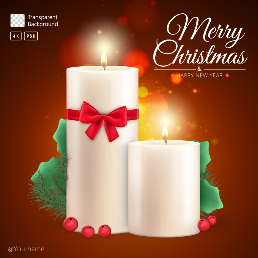 Merry Christmas Card Template With 3D Rendering White Candles With Red Bow And Christmas Mistletoe psd