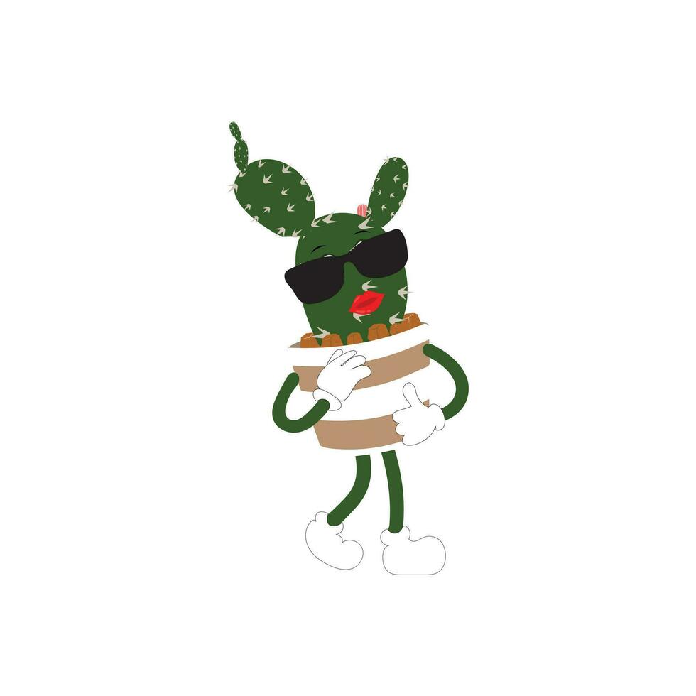 dibujos animados cactus planta en un maceta personaje mascota en negro gafas de sol, dibujos animados caracteres pegatinas puntiagudo planta en diferente posa, comportamiento y con cara expresiones vector