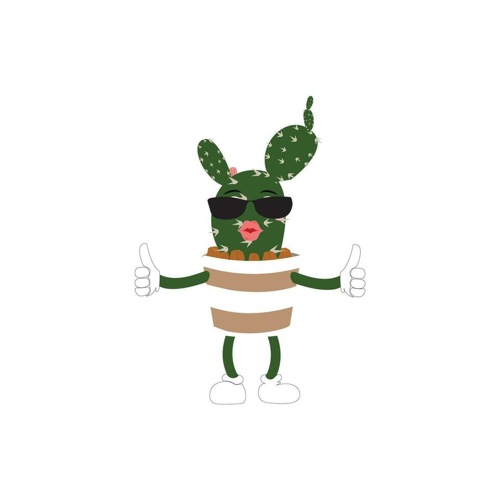 Cartoon cactus plant in a pot character mascot in black sunglasse, cartoon characters stickers. Spiky plant in different poses, actions and with face expressions vector