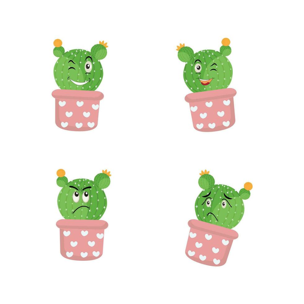 Cartoon cute cactus mascot, Potted cactus characters sett, funny cacti in flower pot with different emotions vector Illustrations on a white background