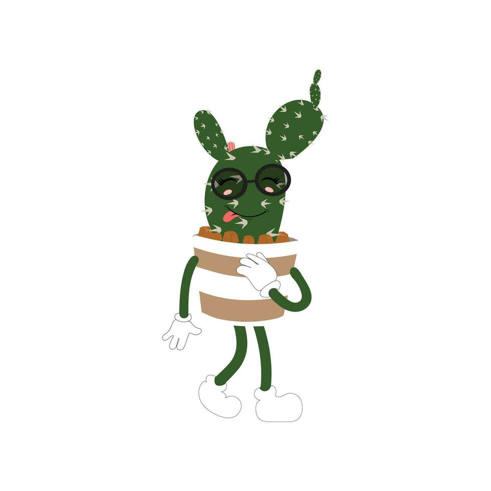 Cartoon cactus plant in a pot character mascot in black sunglasse, cartoon characters stickers. Spiky plant in different poses, actions and with face expressions vector
