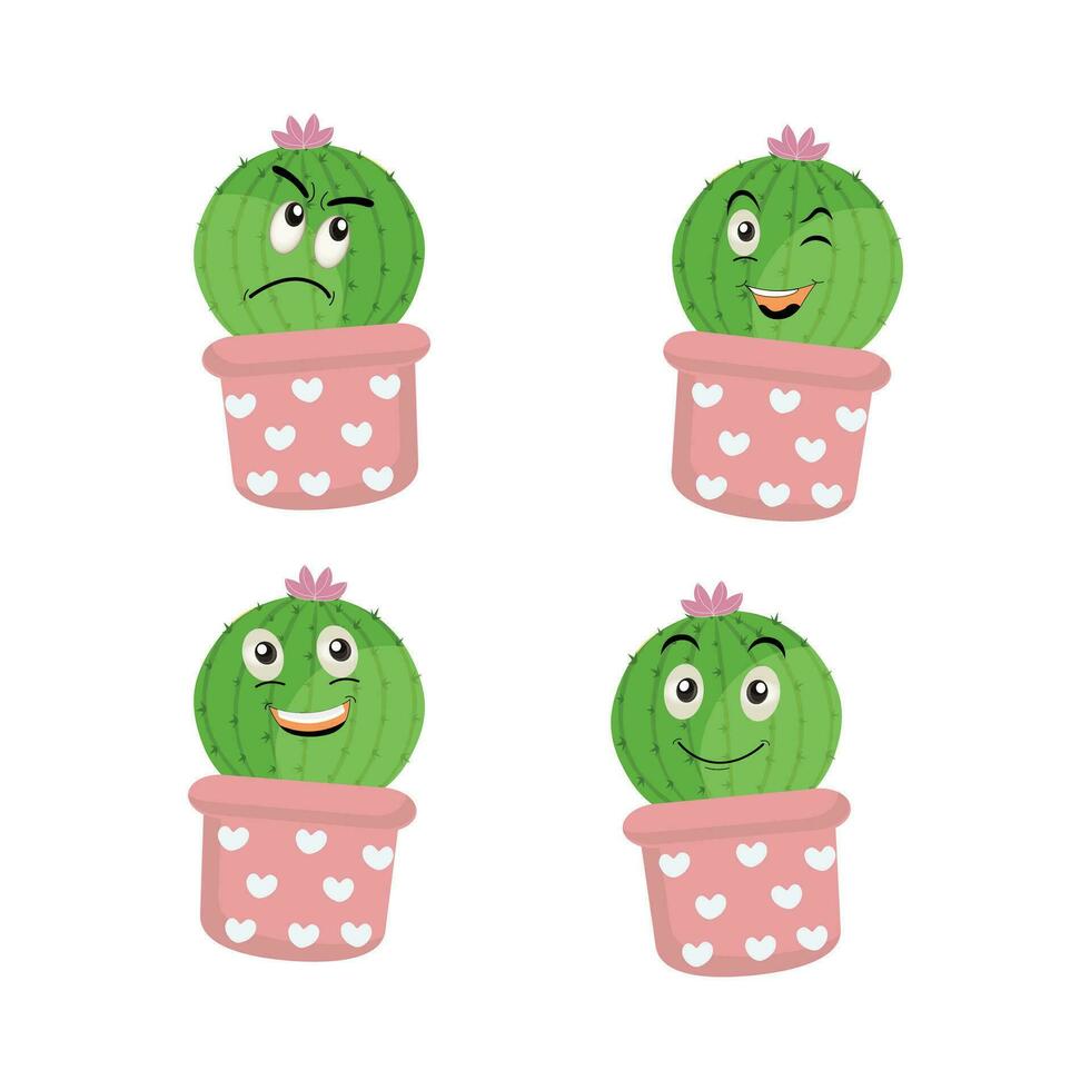 Cartoon cute cactus mascot, Potted cactus characters sett, funny cacti in flower pot with different emotions vector Illustrations on a white background