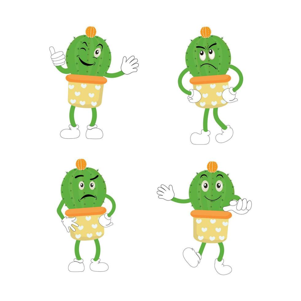 Cartoon cute cactus mascot, Potted cactus characters sett, funny cacti in flower pot with different emotions vector Illustrations on a white background