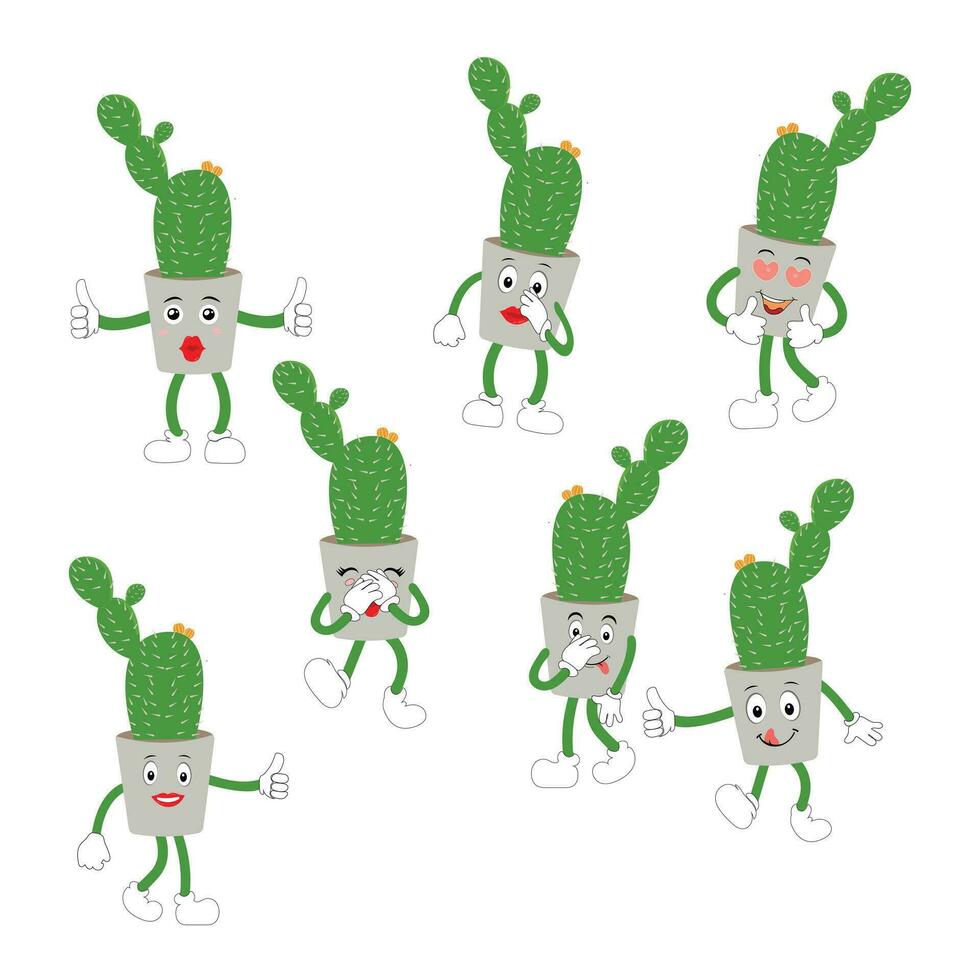 cactus personaje. vector ilustración. vector color pegatina para adolescente con gracioso dibujos animados personaje. mano dibujado ilustración con frio sonriente cactus en historietas estilo