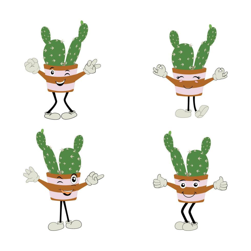 Cartoon cactus plant in a pot character mascot in black sunglasse, cartoon characters stickers. Spiky plant in different poses, actions and with face expressions vector