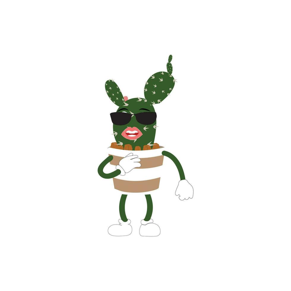 Cartoon cactus plant in a pot character mascot in black sunglasse, cartoon characters stickers. Spiky plant in different poses, actions and with face expressions vector