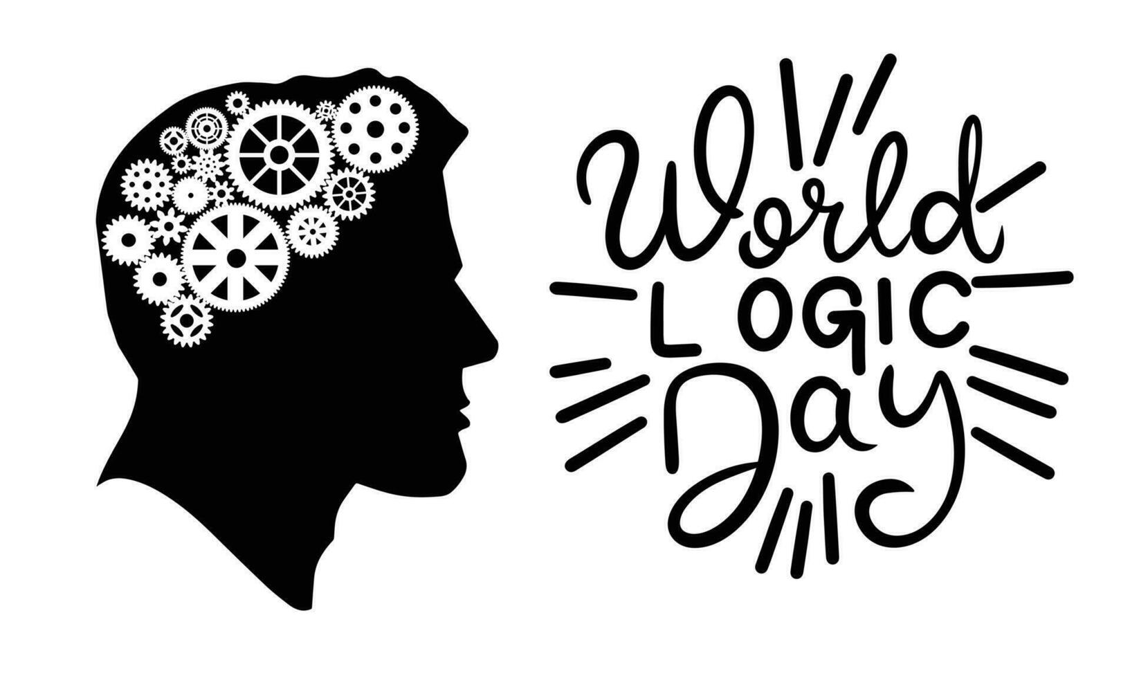 World Logic Day text banner. Handwriting text World Logic day lettering. Man head silhouette with mechanism in head. Hand drawn vector art.