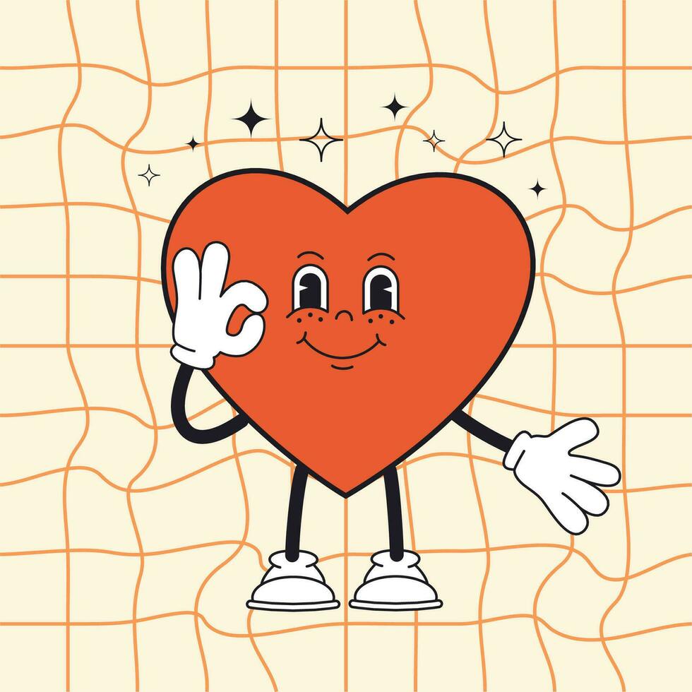 Groovy heart trendy retro cartoon style. Cute character for Valentine's day card, poster, print, party invitation, background. vector