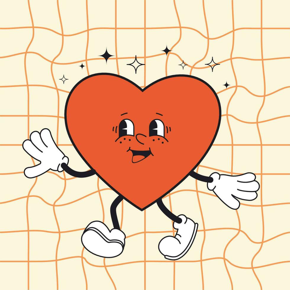 Groovy heart trendy retro cartoon style. Cute character for Valentine's day card, poster, print, party invitation, background. vector