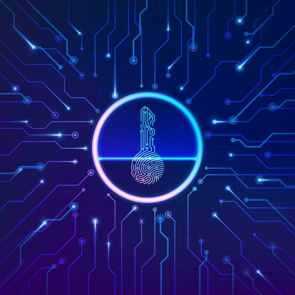 Fingerprint scan. Cyber security concept. Fingerprint in key shape with circuit background. Security cryptocurrency technology. Authorization futuristic system. Vector illustration