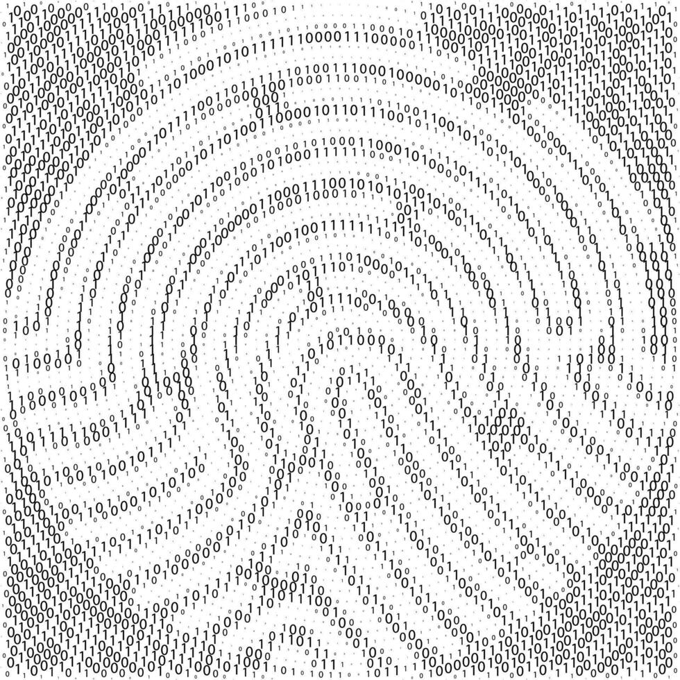 Binary code by fingerprint shape. Cyber security technology. Digital verification information. Set of zero and one digits. Black digits on white background. Vector illustration