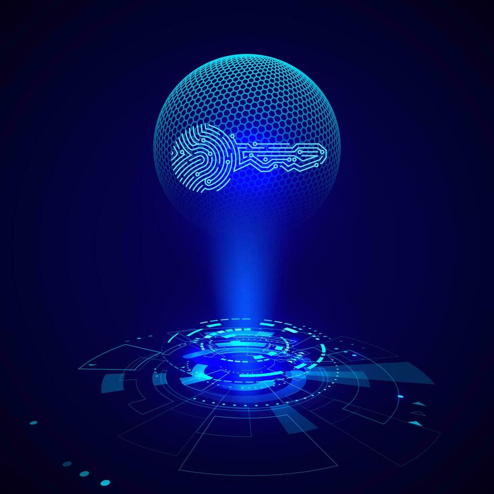 Hologram of circuit key fingerprint. Futuristic HUD elements. Sci fi futuristic user interface. Vector illustration